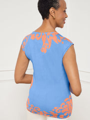 FRESH WATER BLUE/PEACH JACOBEAN FLORAL SCOOP NECK PULLOVER | Talbots on sale