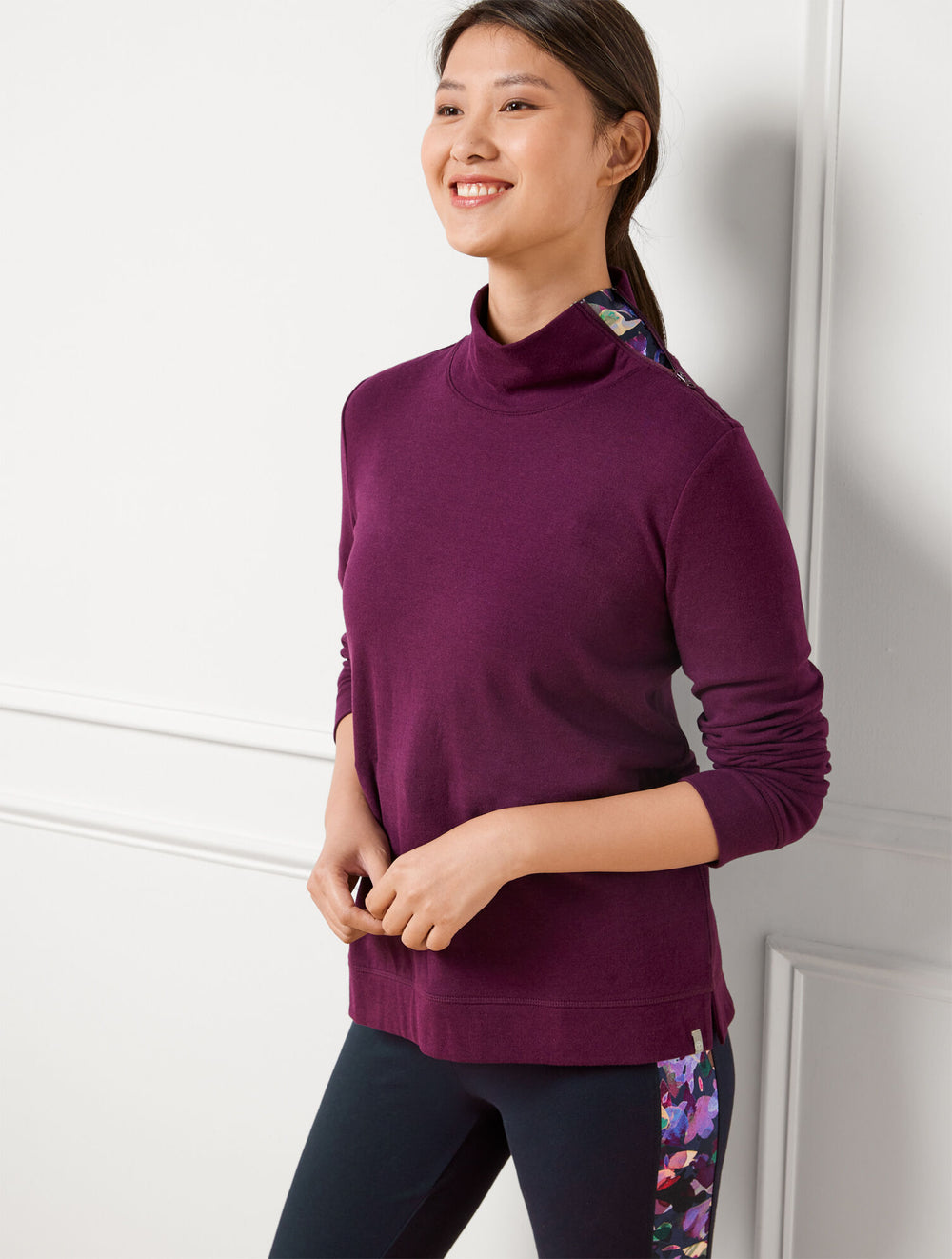 EGGPLANT ASYMMETRICAL ZIP MOCKNECK PULLOVER | Talbots online