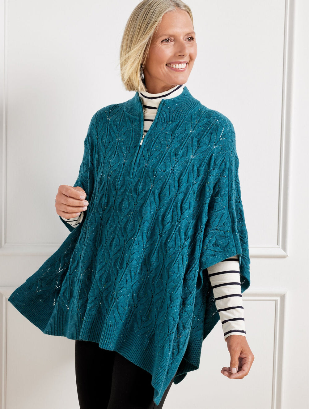 TEAL OCEAN TWEED CABLE KNIT PONCHO - TEAL OCEAN TWEED | Talbots sale