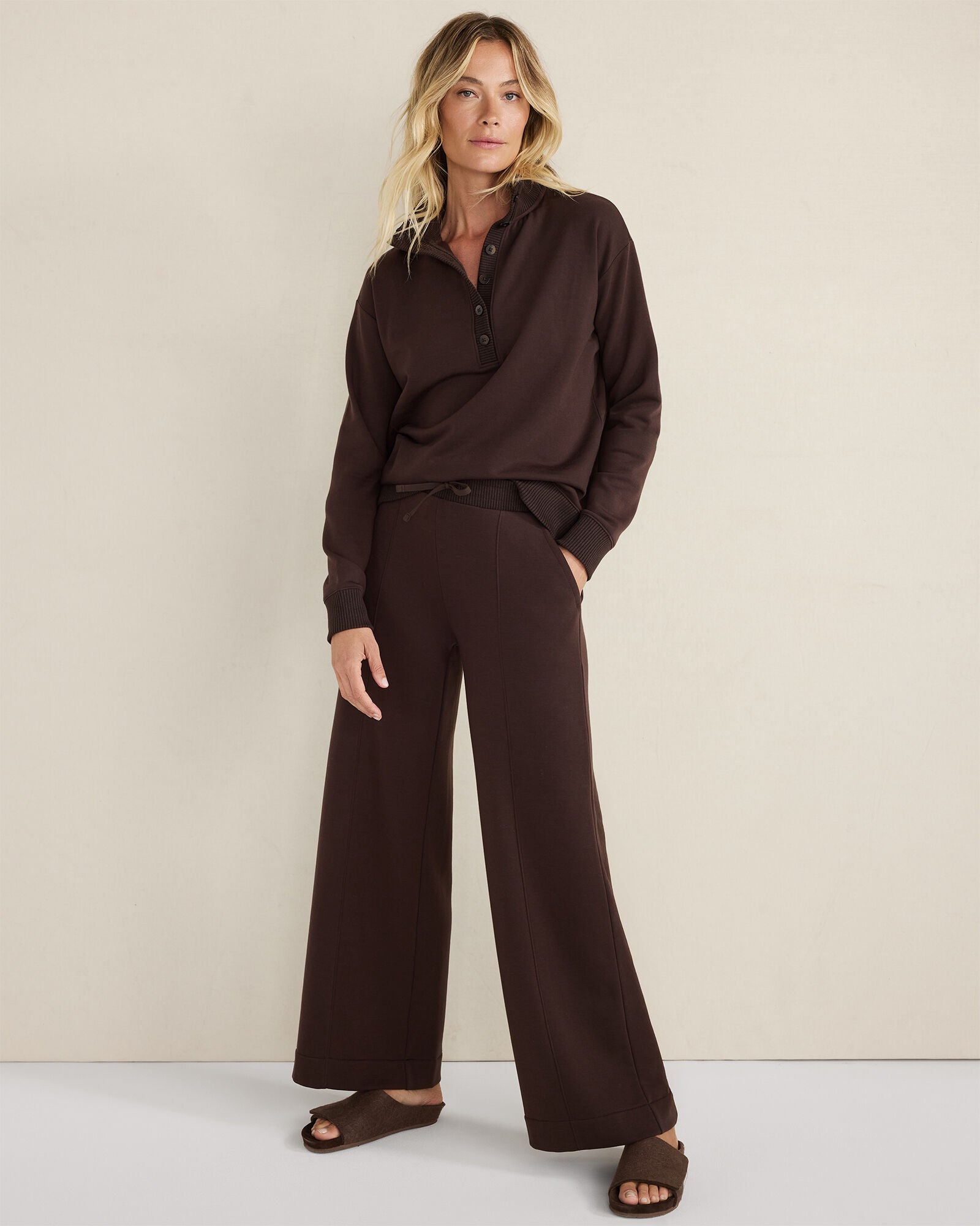 JAVA|TAUPE HEATHER FLEECE WIDE LEG PANTS | Talbots outlet