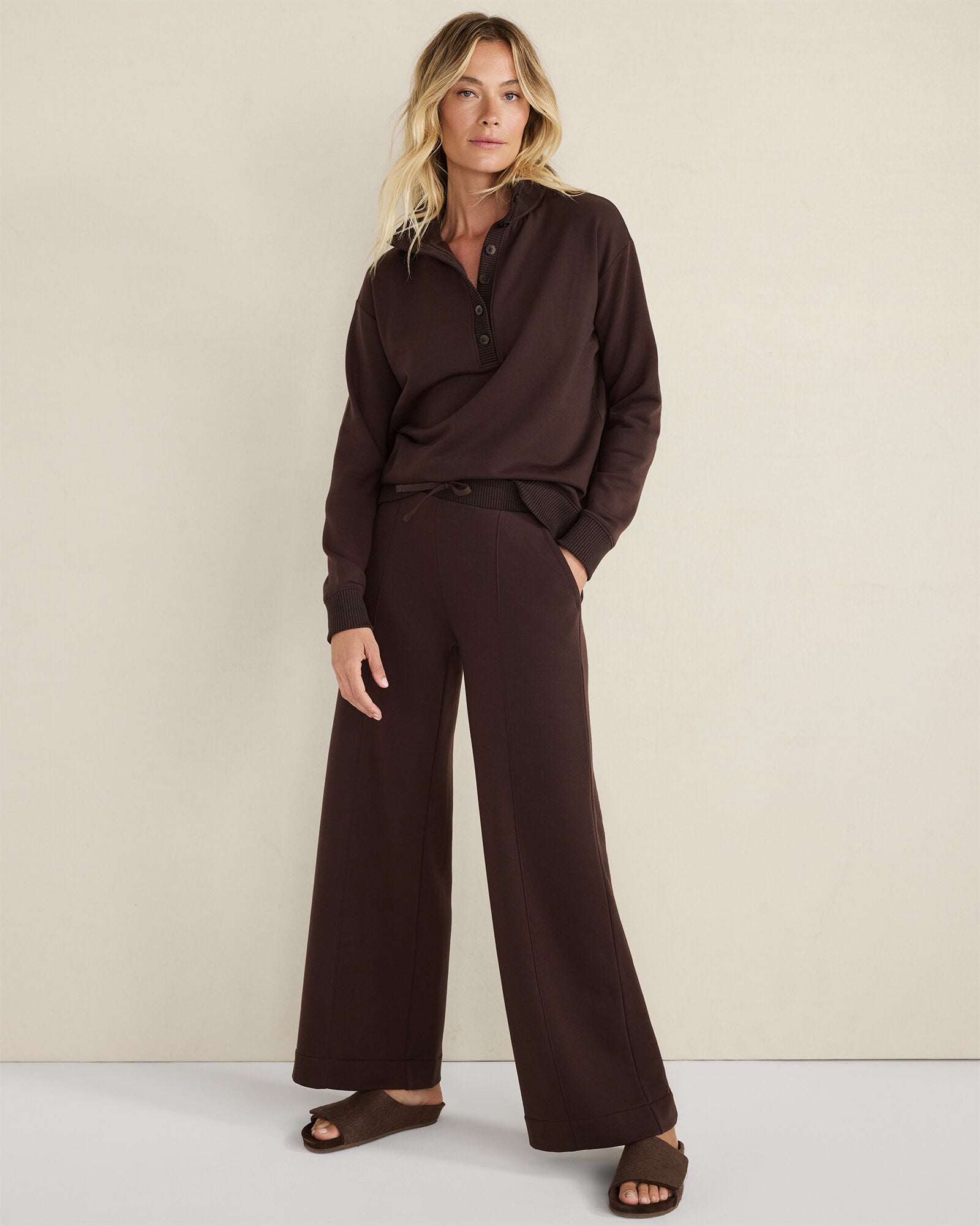JAVA|TAUPE HEATHER FLEECE WIDE LEG PANTS | Talbots outlet