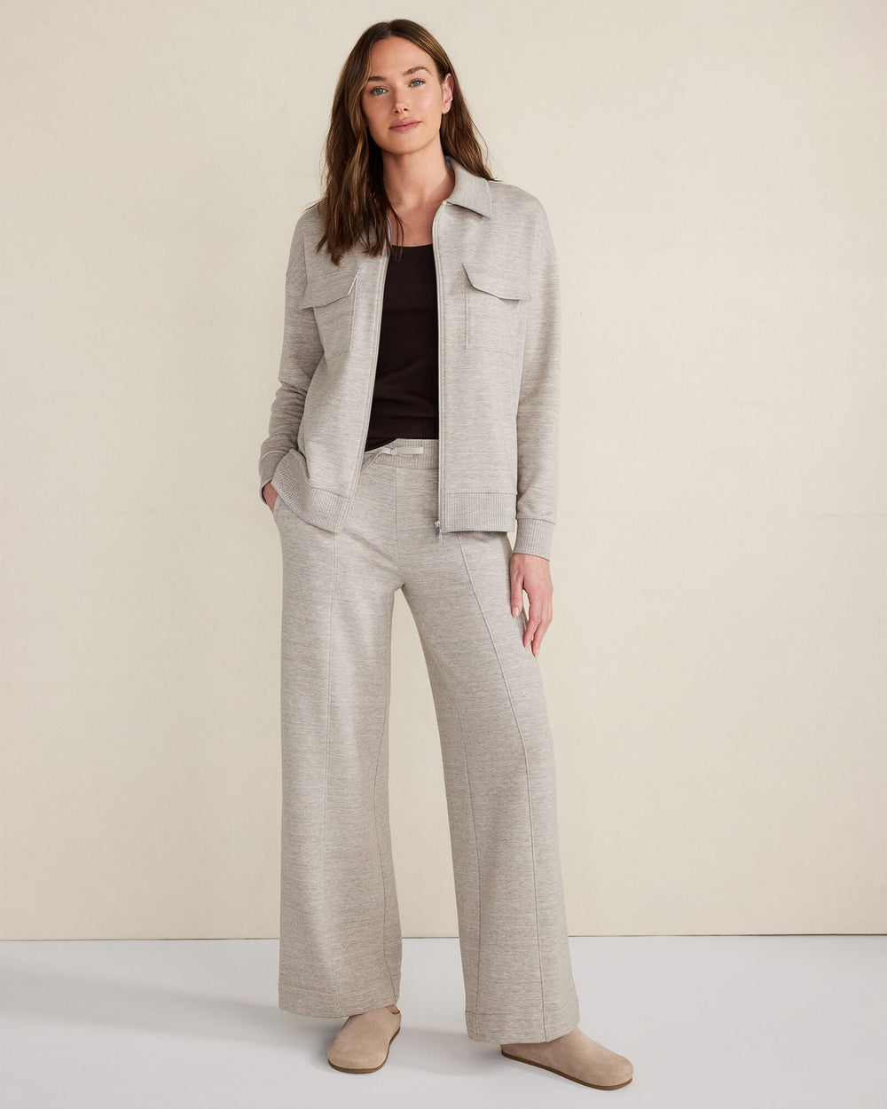 JAVA|TAUPE HEATHER FLEECE WIDE LEG PANTS | Talbots outlet