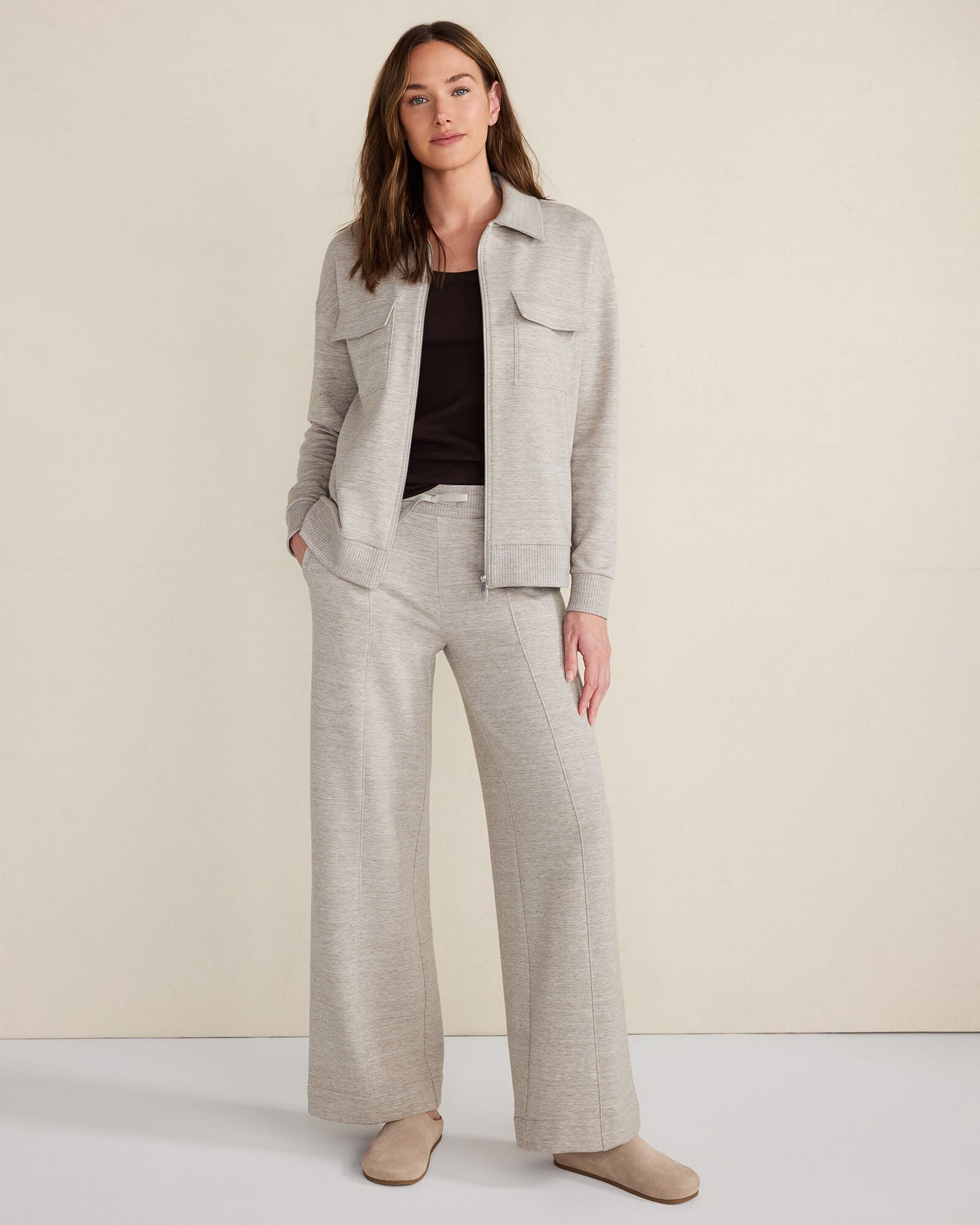 JAVA|TAUPE HEATHER FLEECE WIDE LEG PANTS | Talbots outlet