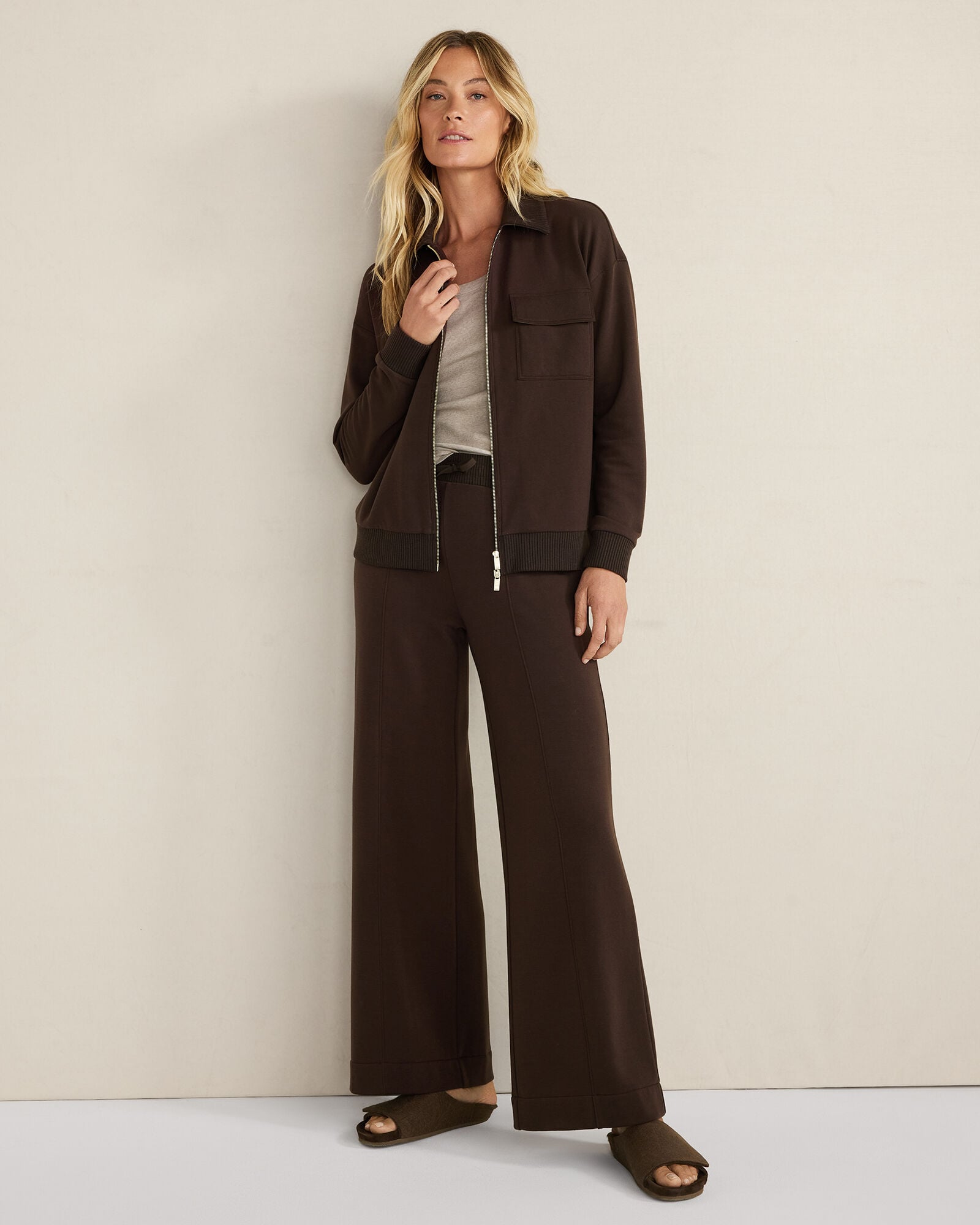 JAVA|TAUPE HEATHER FLEECE WIDE LEG PANTS | Talbots outlet