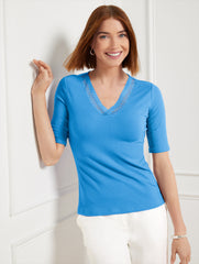 BRIGHT LIME|CHEERFUL BLUE LACE TRIM V-NECK TEE | Talbots online