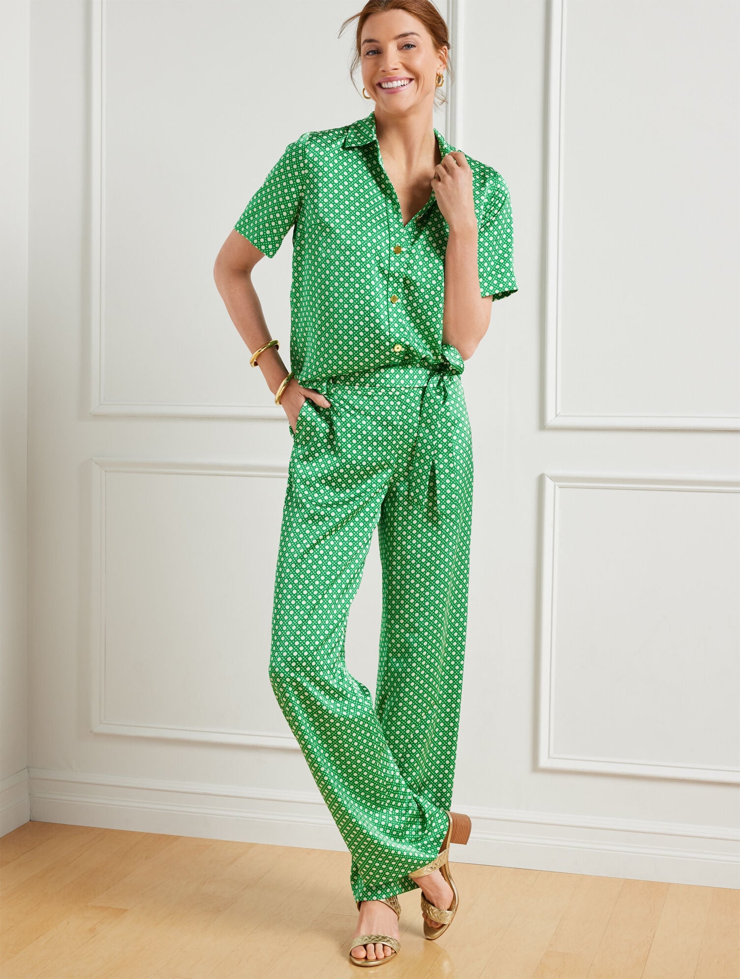 IVORY/SPRING LEAVES WIDE LEG PANTS - INTRICATE DOTS | Talbots sale