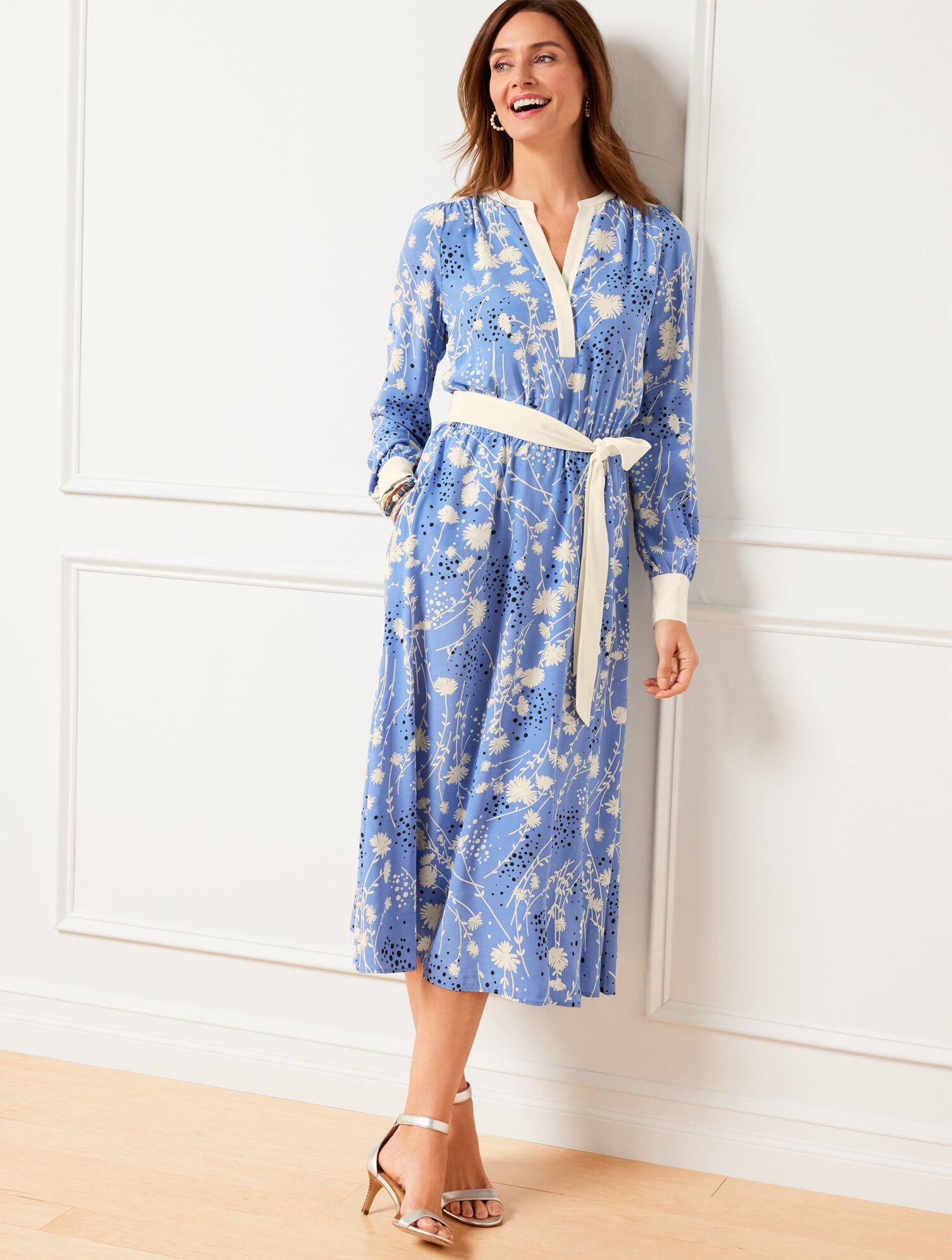 CAPRI BLUE/IVORY BELTED FIT & FLARE SHIRTDRESS - DANCING FLOWERS | Talbots near me