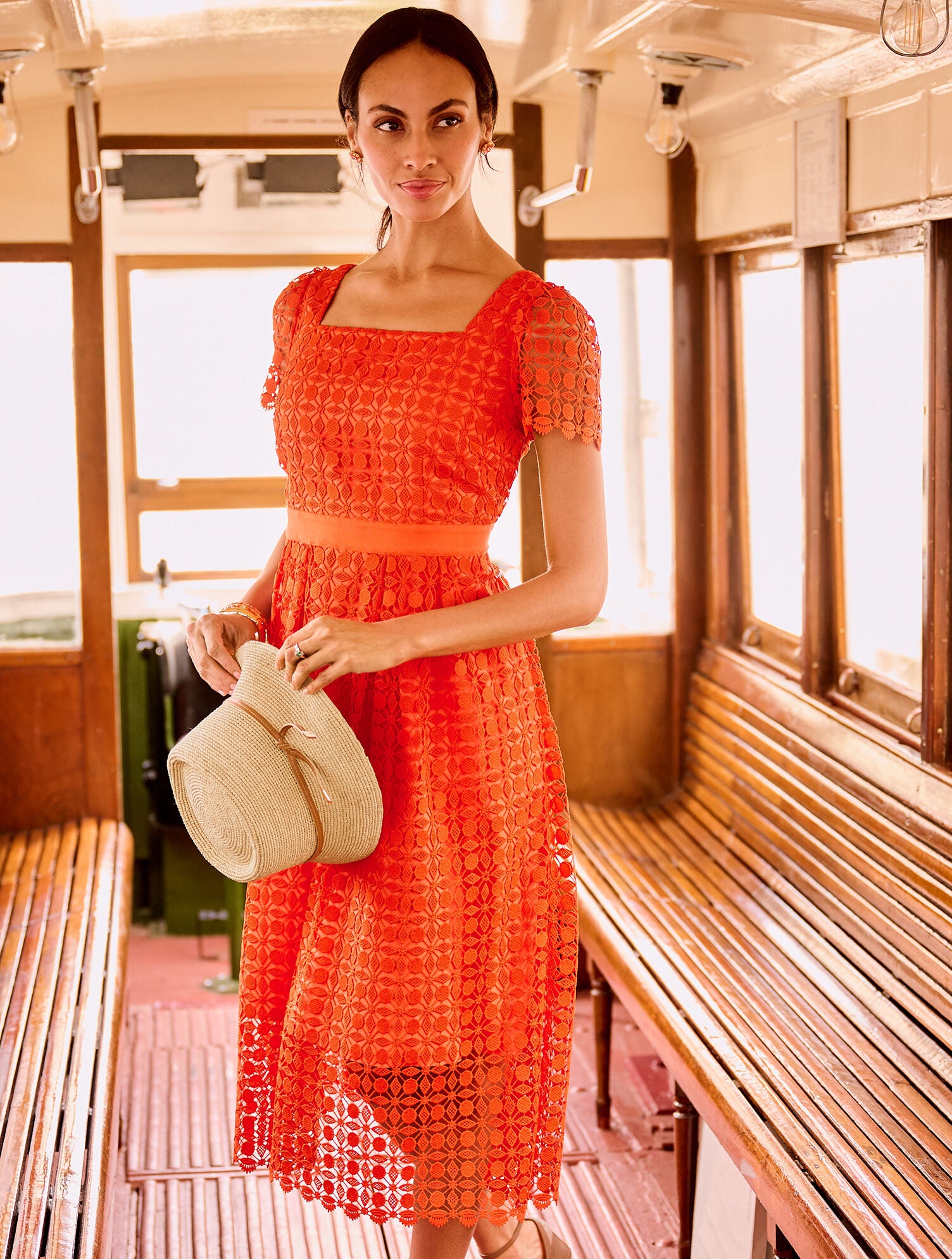 BRIGHT TANGERINE LACE FIT & FLARE DRESS | Talbots sale