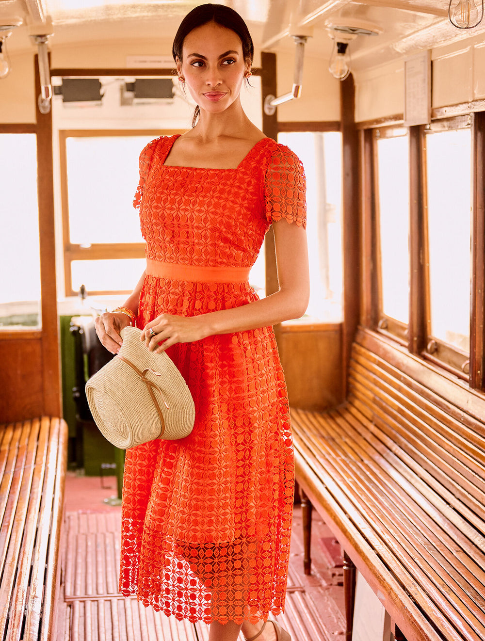 BRIGHT TANGERINE LACE FIT & FLARE DRESS | Talbots sale
