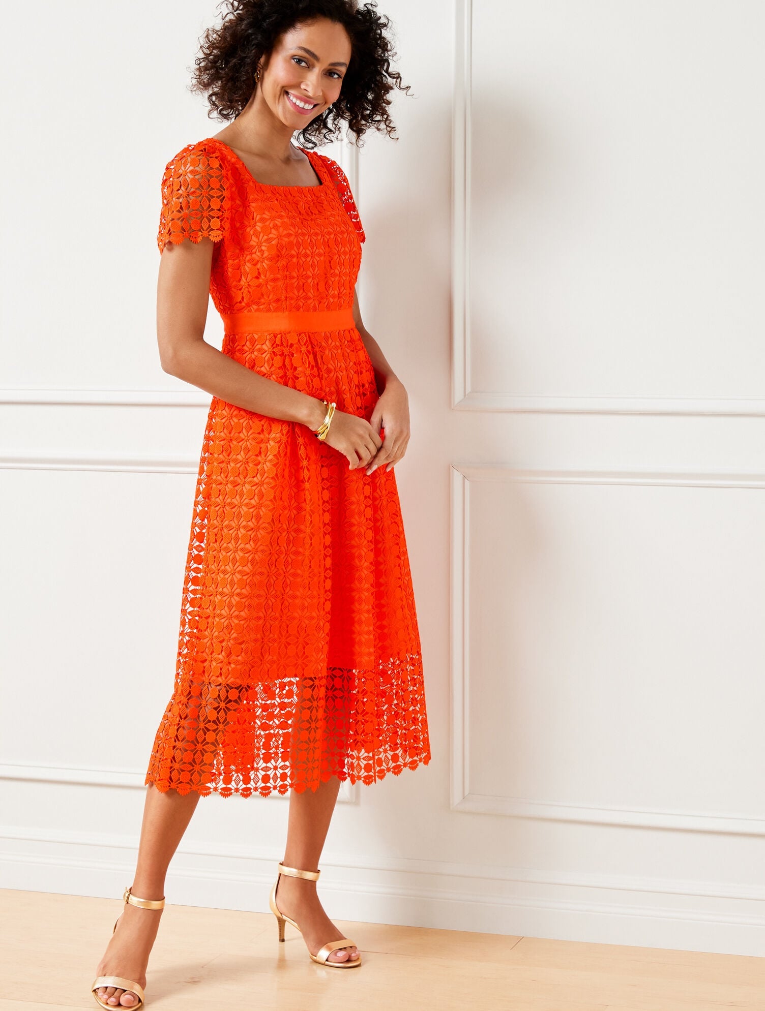 BRIGHT TANGERINE LACE FIT & FLARE DRESS | Talbots sale