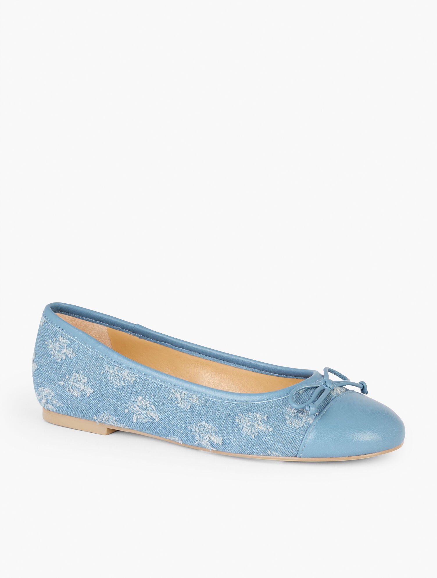 LIGHT DENIM BLAIR CAP TOE BALLET FLATS - FLORAL EMBROIDERED DISTRESSED DENIM | Talbots near me