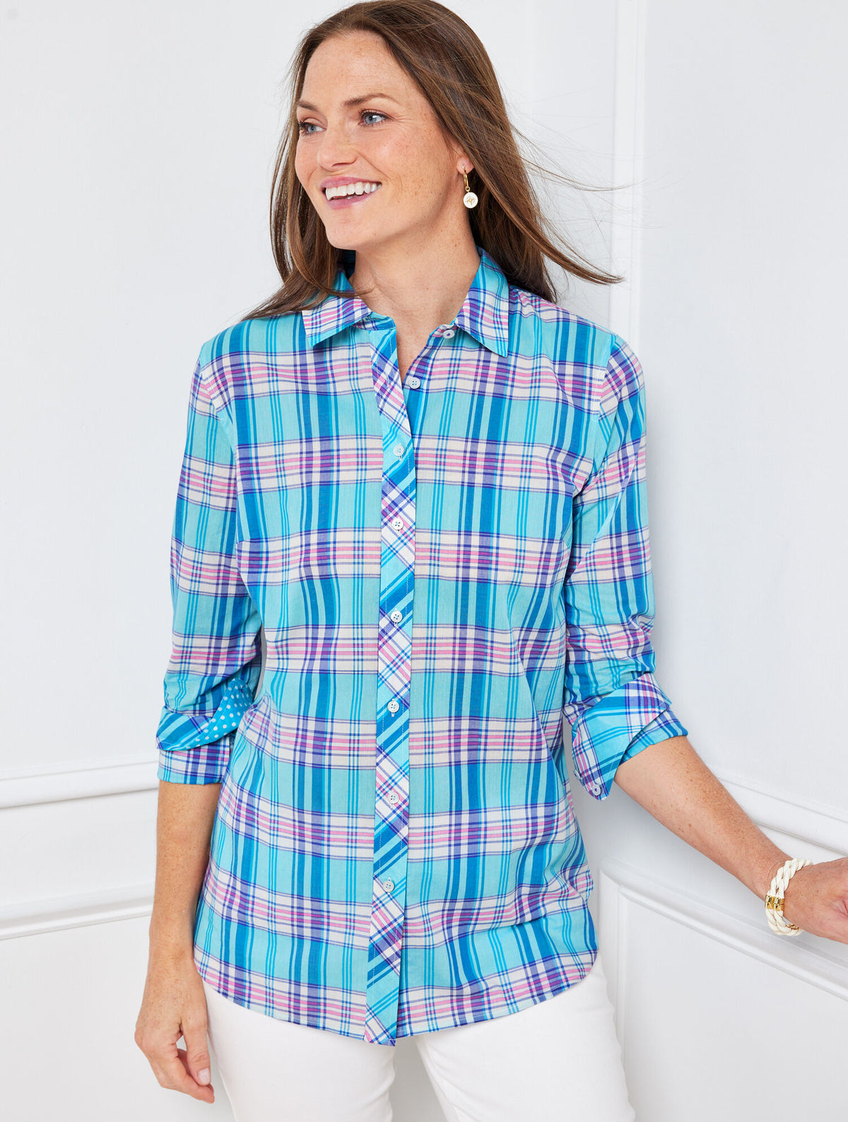 CHEERFUL BLUE MULTI COTTON BUTTON FRONT SHIRT - BOOTHBAY PLAID | Talbots sale