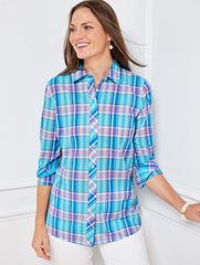 CHEERFUL BLUE MULTI COTTON BUTTON FRONT SHIRT - BOOTHBAY PLAID | Talbots sale