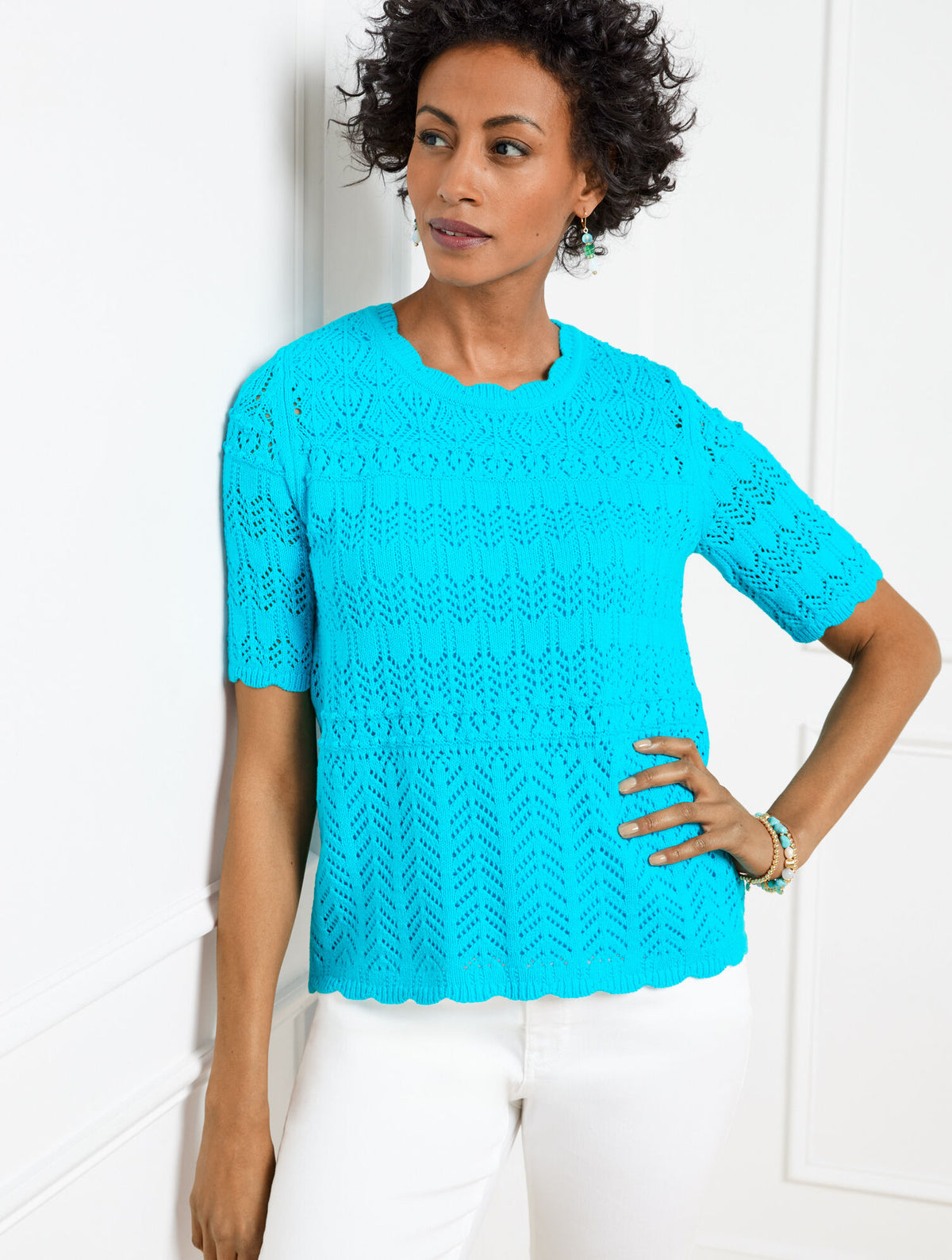 POOL BLUE MIXED POINTELLE STITCH SWEATER | Talbots online