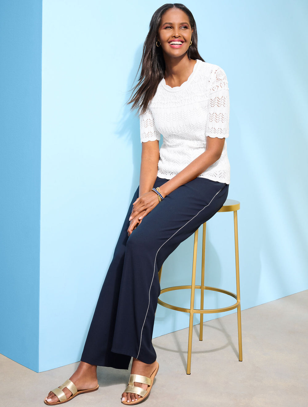 POOL BLUE MIXED POINTELLE STITCH SWEATER | Talbots online