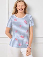 BLUE SKY/WHITE STARS & SHELLS CREWNECK TEE | Talbots sale