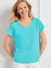 LOVELY CORAL|VIVID TURQUOISE LINEN BLEND RAGLAN V-NECK TEE | Talbots discount