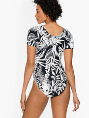 BLACK MULTI SUN OCEAN SAND SHORT SLEEVE ONE PIECE - SILHOUETTE FERNS | Talbots near me
