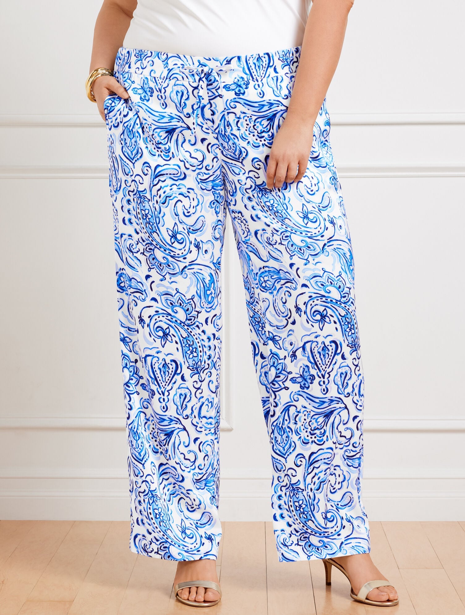 WHITE MULTI SATIN WIDE LEG PANTS - PAINTED PAISLEY | Talbots US