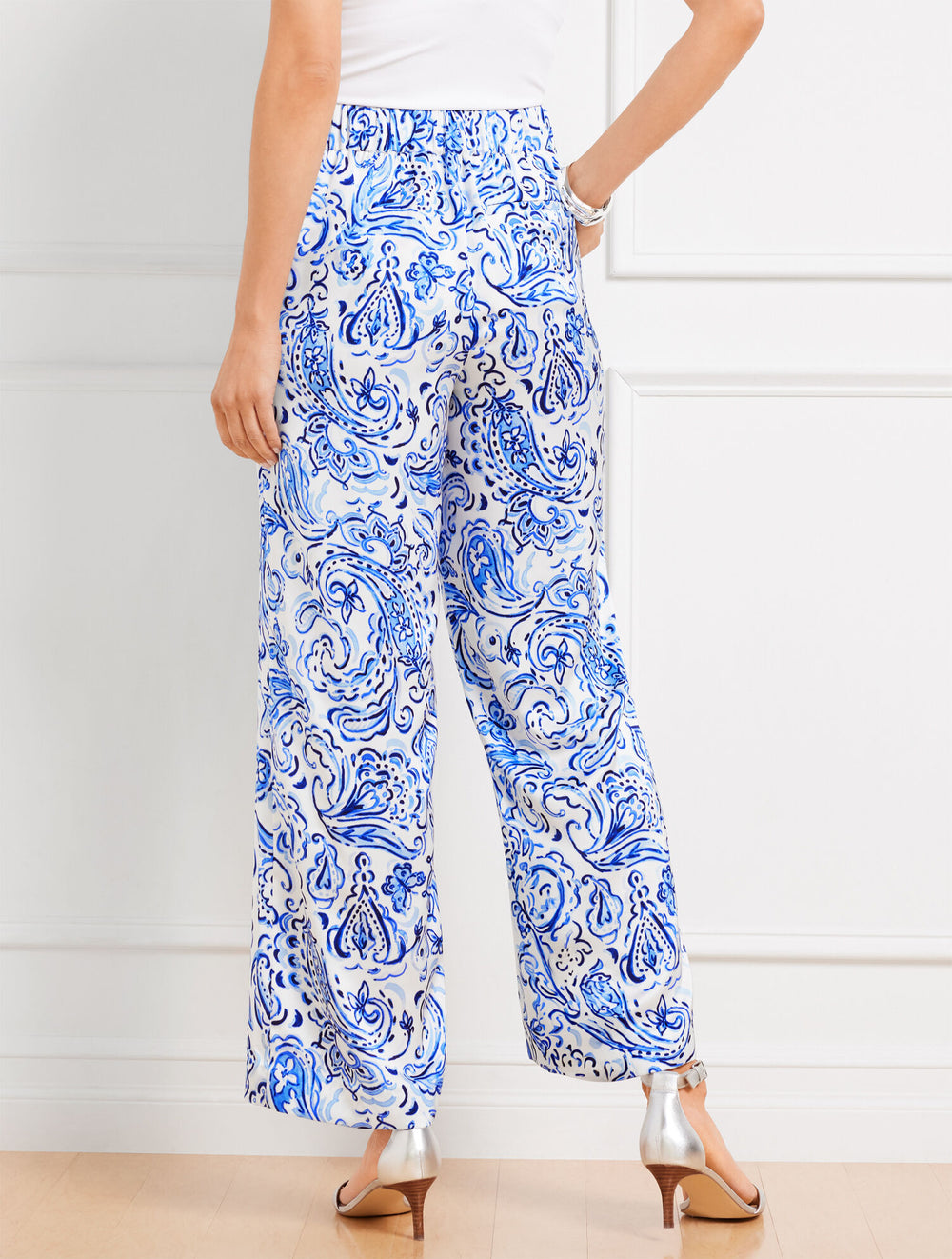 WHITE MULTI SATIN WIDE LEG PANTS - PAINTED PAISLEY | Talbots US