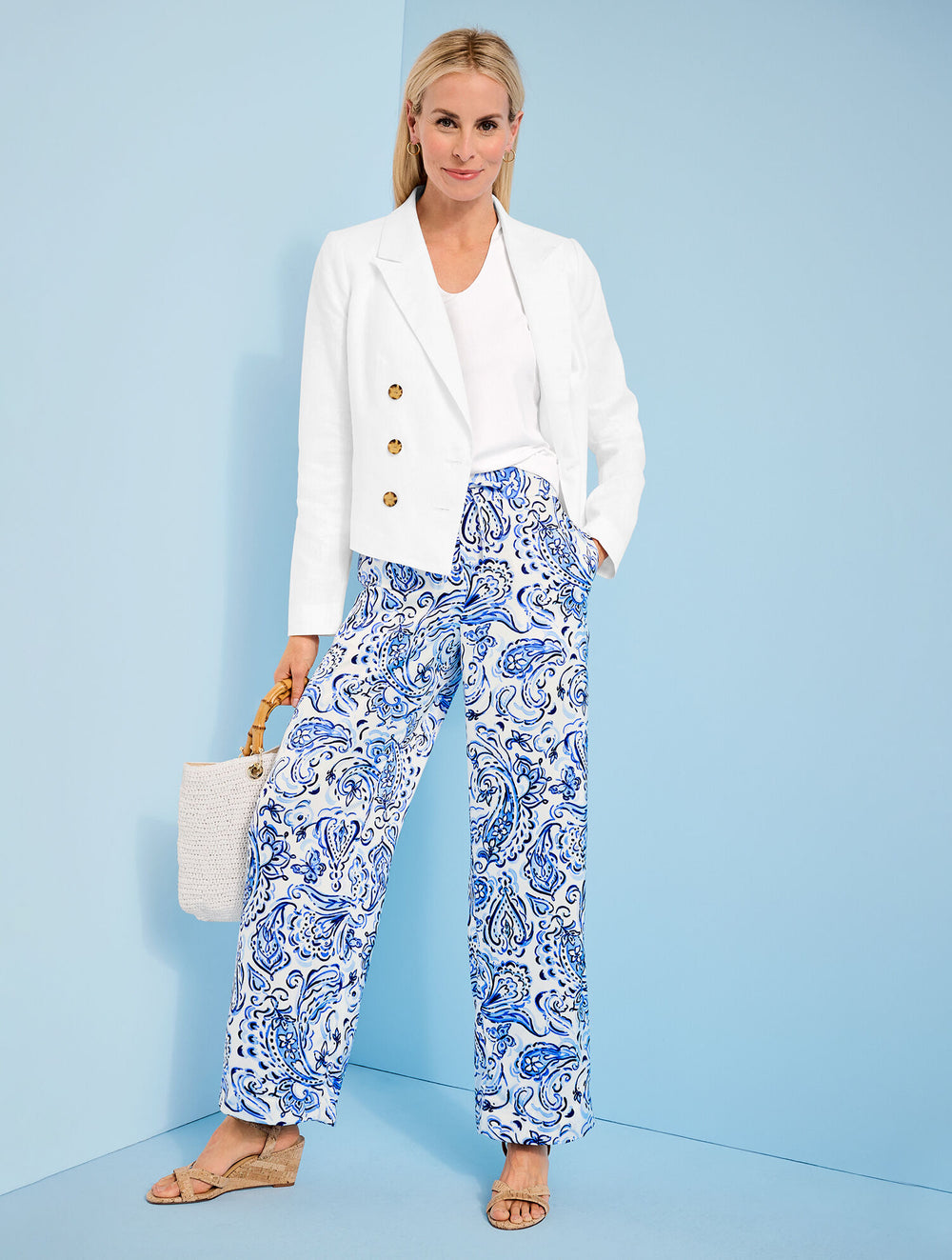 WHITE MULTI SATIN WIDE LEG PANTS - PAINTED PAISLEY | Talbots US