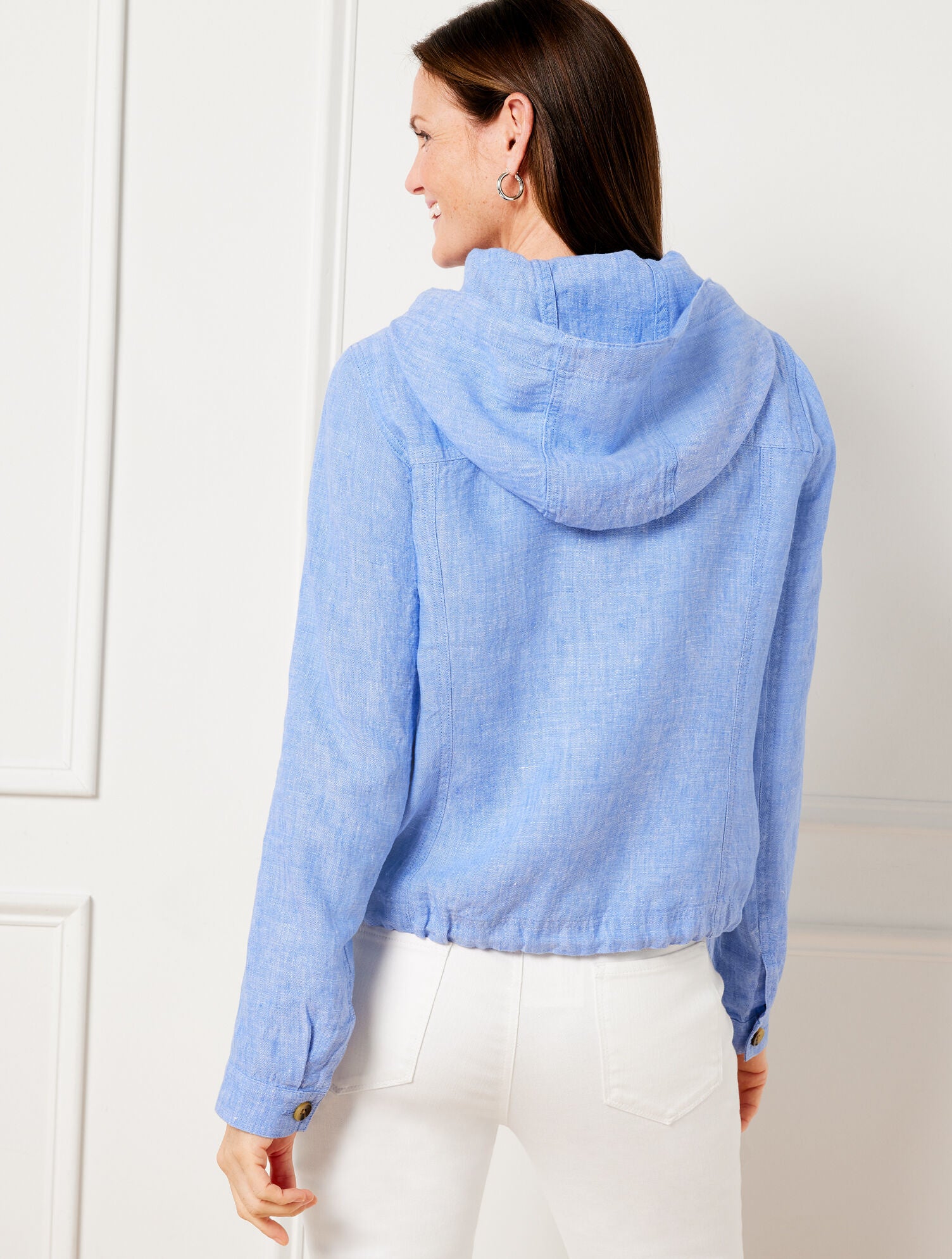 CORAL/WHITE WASHED LINEN HOODED JACKET | Talbots near me