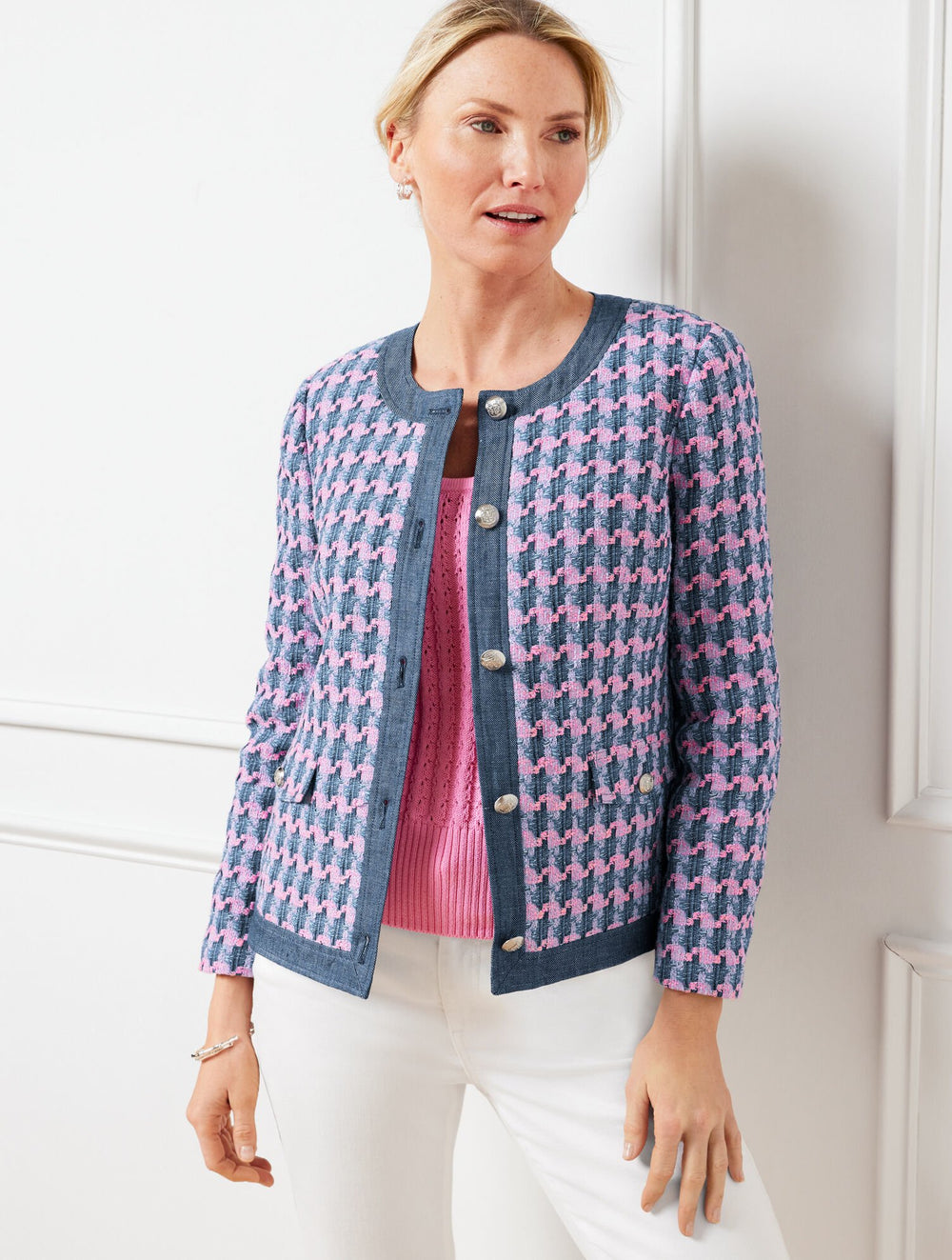 BLUE/PINK DENIM TRIM BASKET TWEED JACKET | Talbots outlet