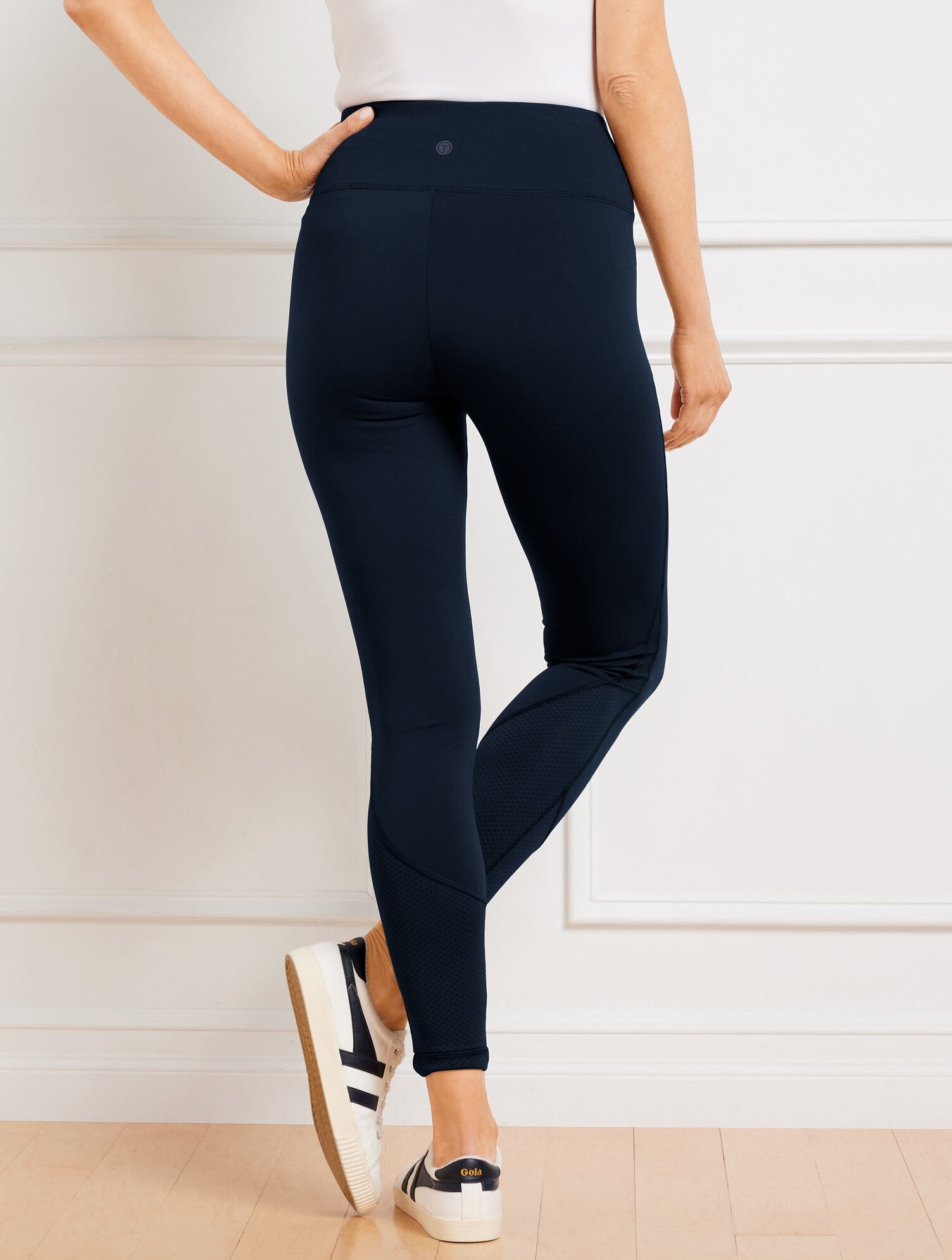 LOVELY CORAL PERFORMANCE INTERLOCK MESH BLOCK LEGGINGS | Talbots sale