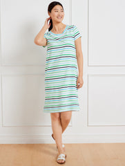 WHITE MULTI SHORT SLEEVE DRESS - VAST MULTI STRIPE | Talbots online