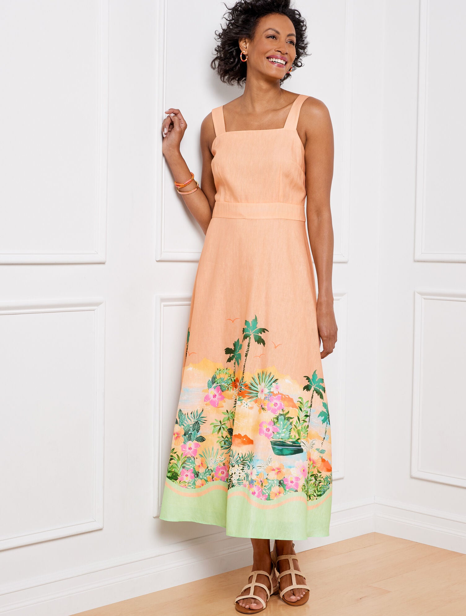 TROPICAL PEACH MULTI LINEN MAXI DRESS - SUNSET HORIZON | Talbots near me