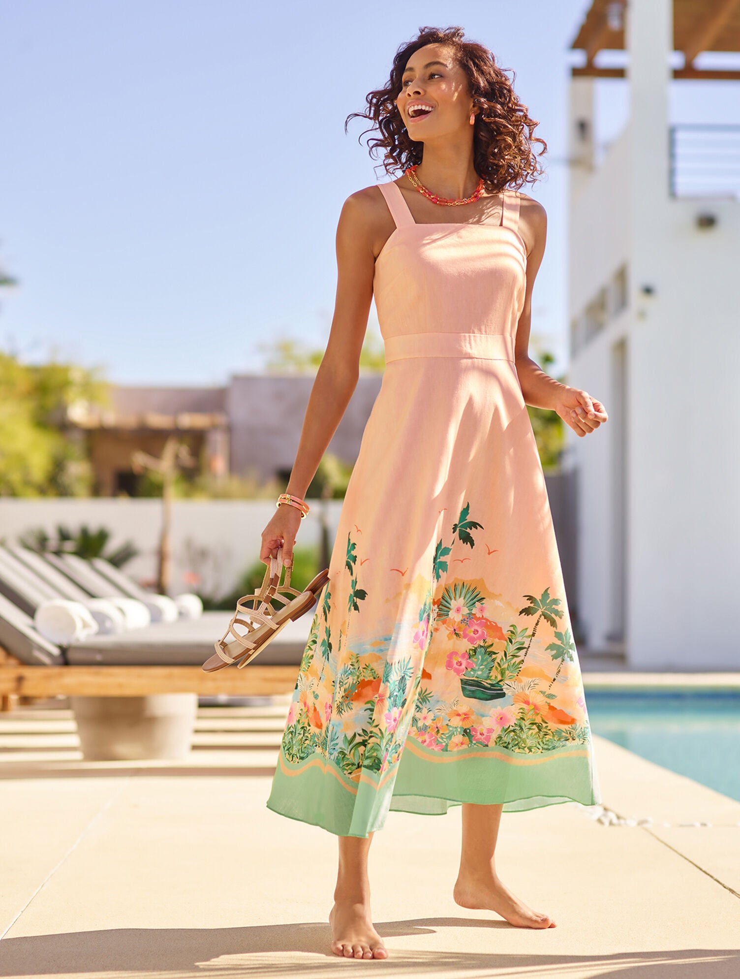 TROPICAL PEACH MULTI LINEN MAXI DRESS - SUNSET HORIZON | Talbots near me