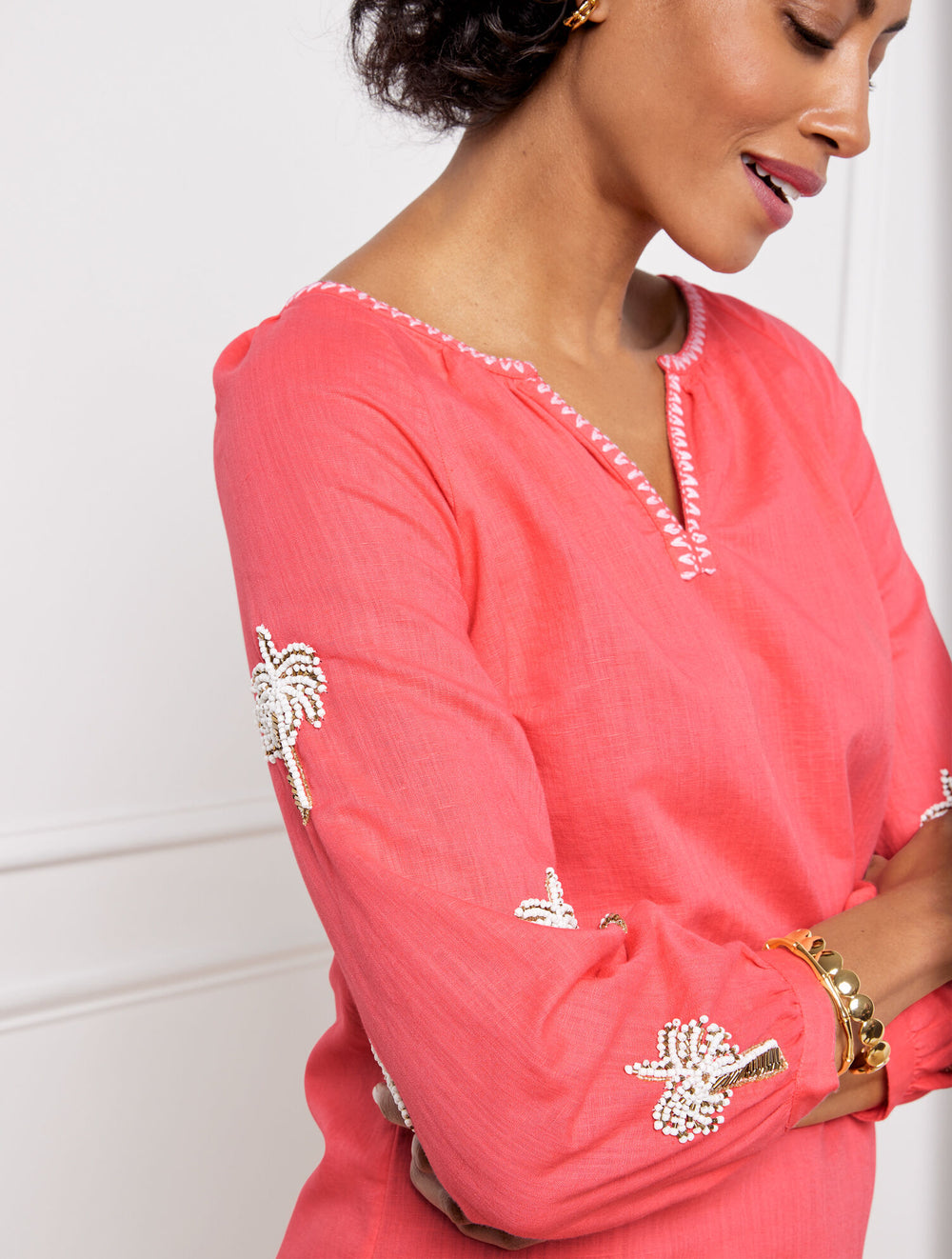 RADIANT CORAL LINEN COTTON SHIFT DRESS - EMBROIDERED PALM | Talbots outlet