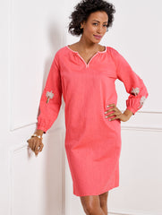 RADIANT CORAL LINEN COTTON SHIFT DRESS - EMBROIDERED PALM | Talbots outlet