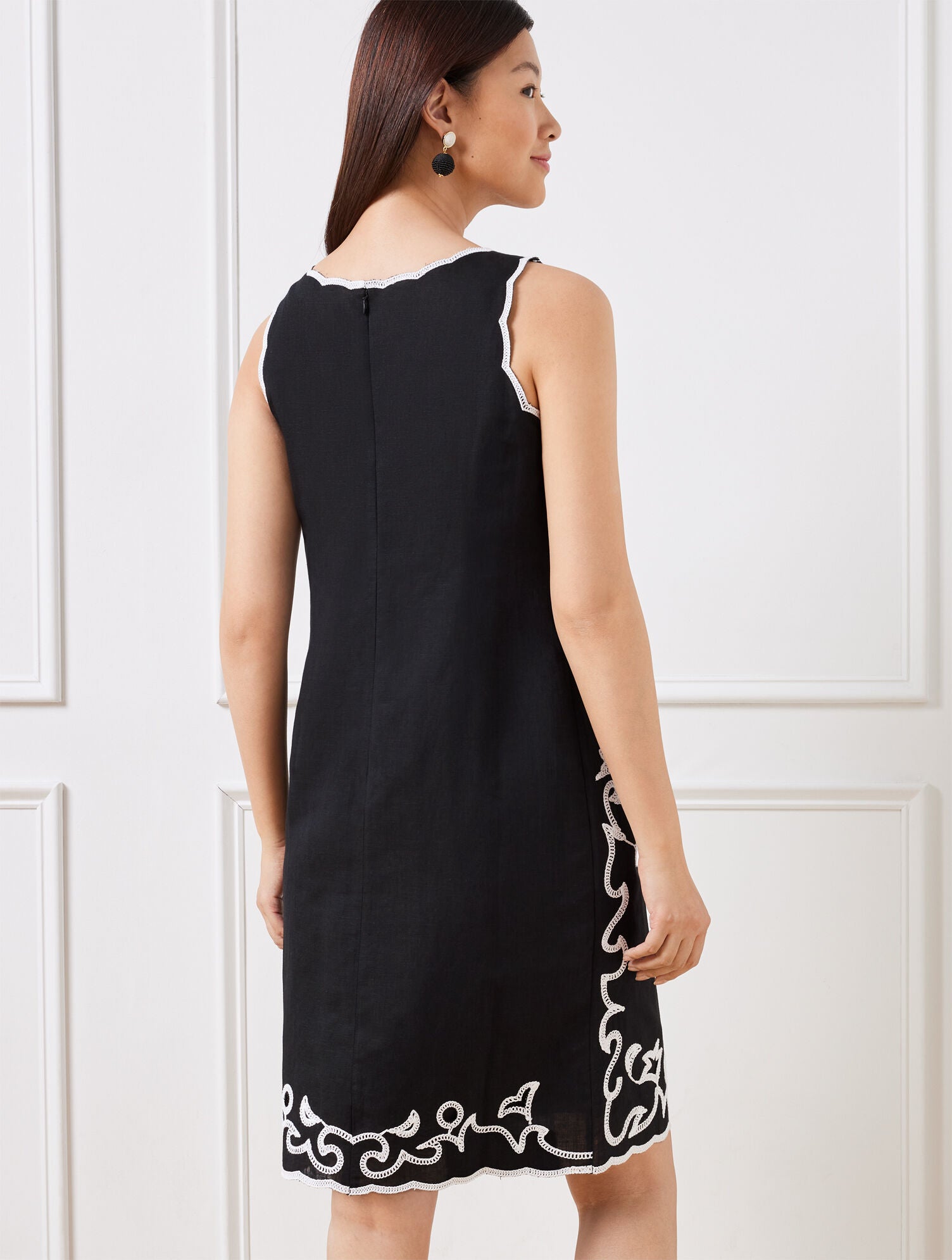 BLACK EMBROIDERED LINEN COTTON SHIFT DRESS | Talbots sale