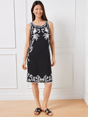 BLACK EMBROIDERED LINEN COTTON SHIFT DRESS | Talbots sale