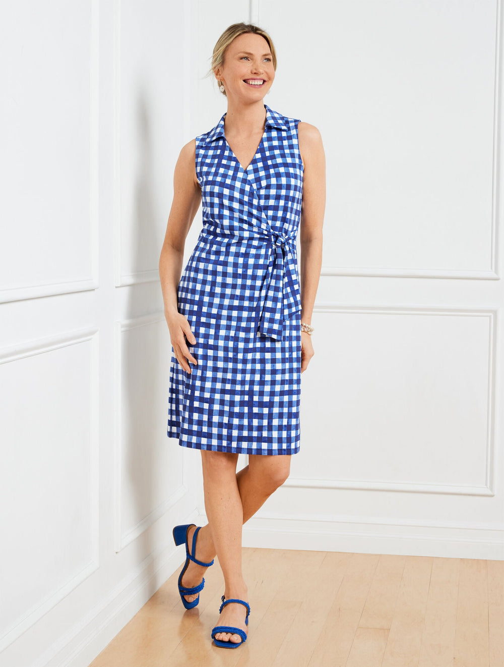 WHITE/BLUE IRIS EFFORTLESS JERSEY KELLEY DRESS - GINGHAM | Talbots US