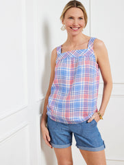 LOVELY CORAL MULTI LINEN SQUARE NECK SHELL - PARADISE PLAID | Talbots discount