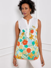 WHITE MULTI SLEEVELESS NON-IRON TUNIC - HIBISCUS BORDER | Talbots US