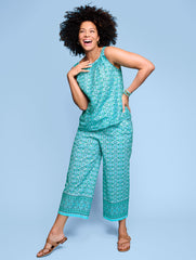 VIVID TURQUOISE MULTI LINEN SQUARE NECK SHELL - OVAL MEDALLION | Talbots outlet