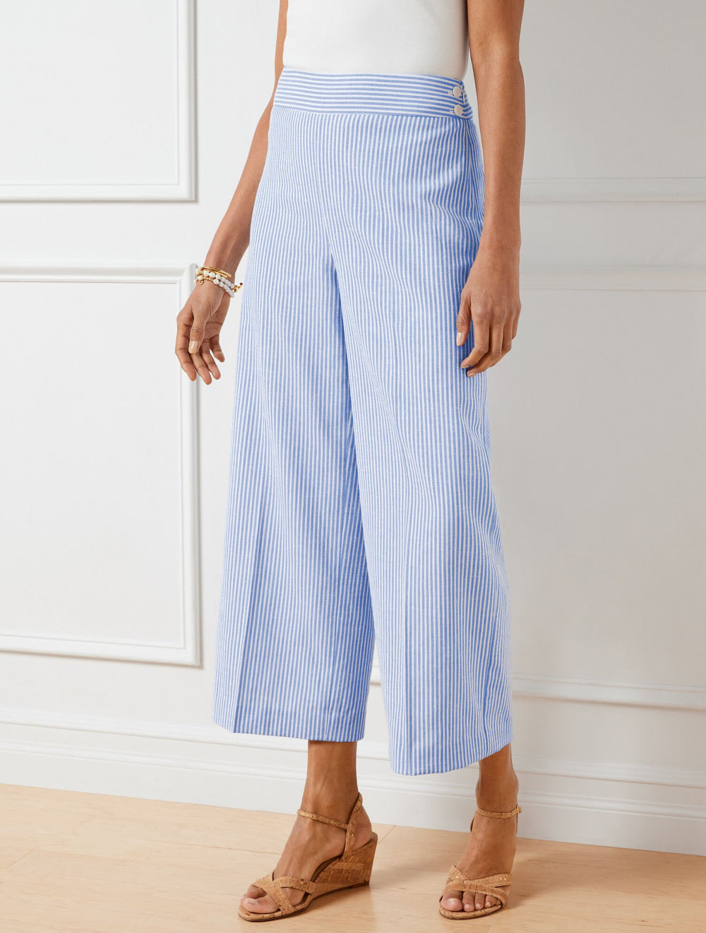WHITE/BLUE IRIS LINEN BLEND WIDE LEG CROP PANTS - SUNSET STRIPE | Talbots on sale