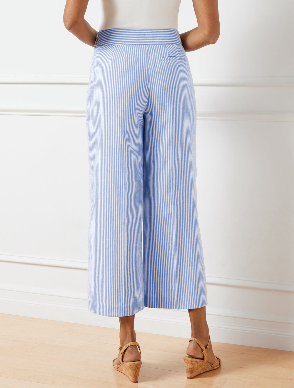 WHITE/BLUE IRIS LINEN BLEND WIDE LEG CROP PANTS - SUNSET STRIPE | Talbots on sale