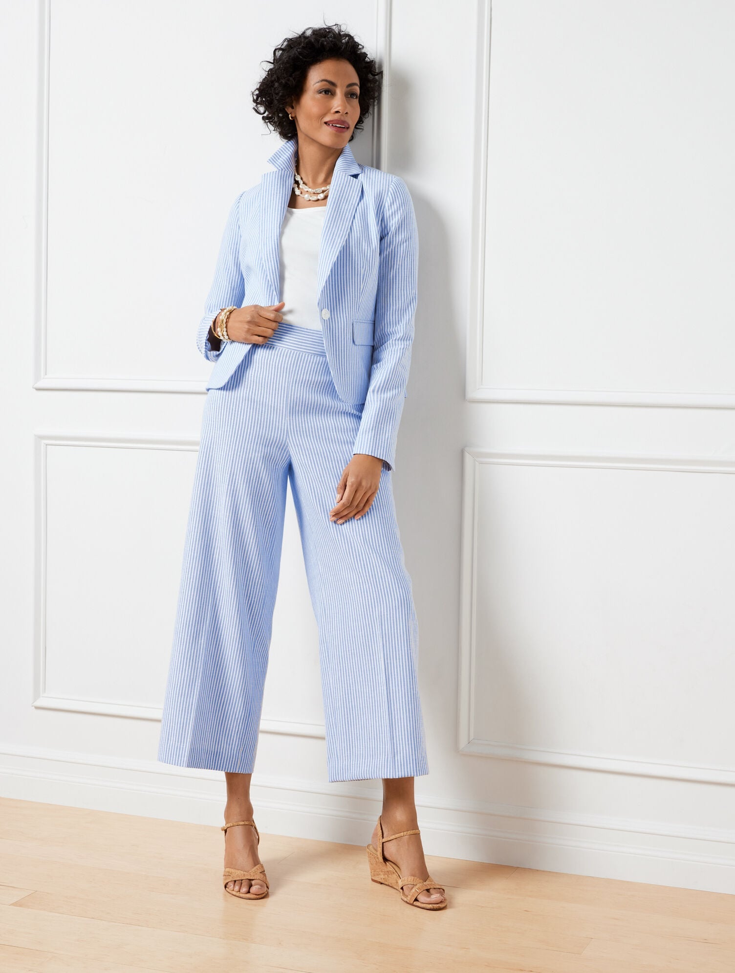 WHITE/BLUE IRIS LINEN BLEND WIDE LEG CROP PANTS - SUNSET STRIPE | Talbots on sale