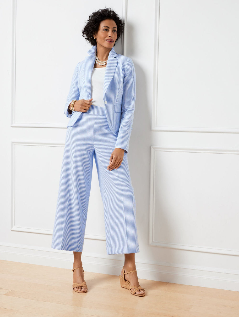 WHITE/BLUE IRIS LINEN BLEND WIDE LEG CROP PANTS - SUNSET STRIPE | Talbots on sale