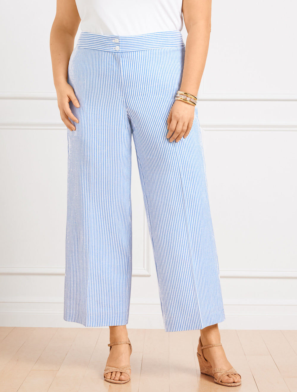 WHITE/BLUE IRIS PLUS EXCLUSIVE WIDE LEG CROP PANTS - SUNSET STRIPE | Talbots near me