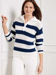 WHITE/CRYSTAL BLUE OPEN STITCH SAILOR COLLAR SWEATER - STRIPE | Talbots discount