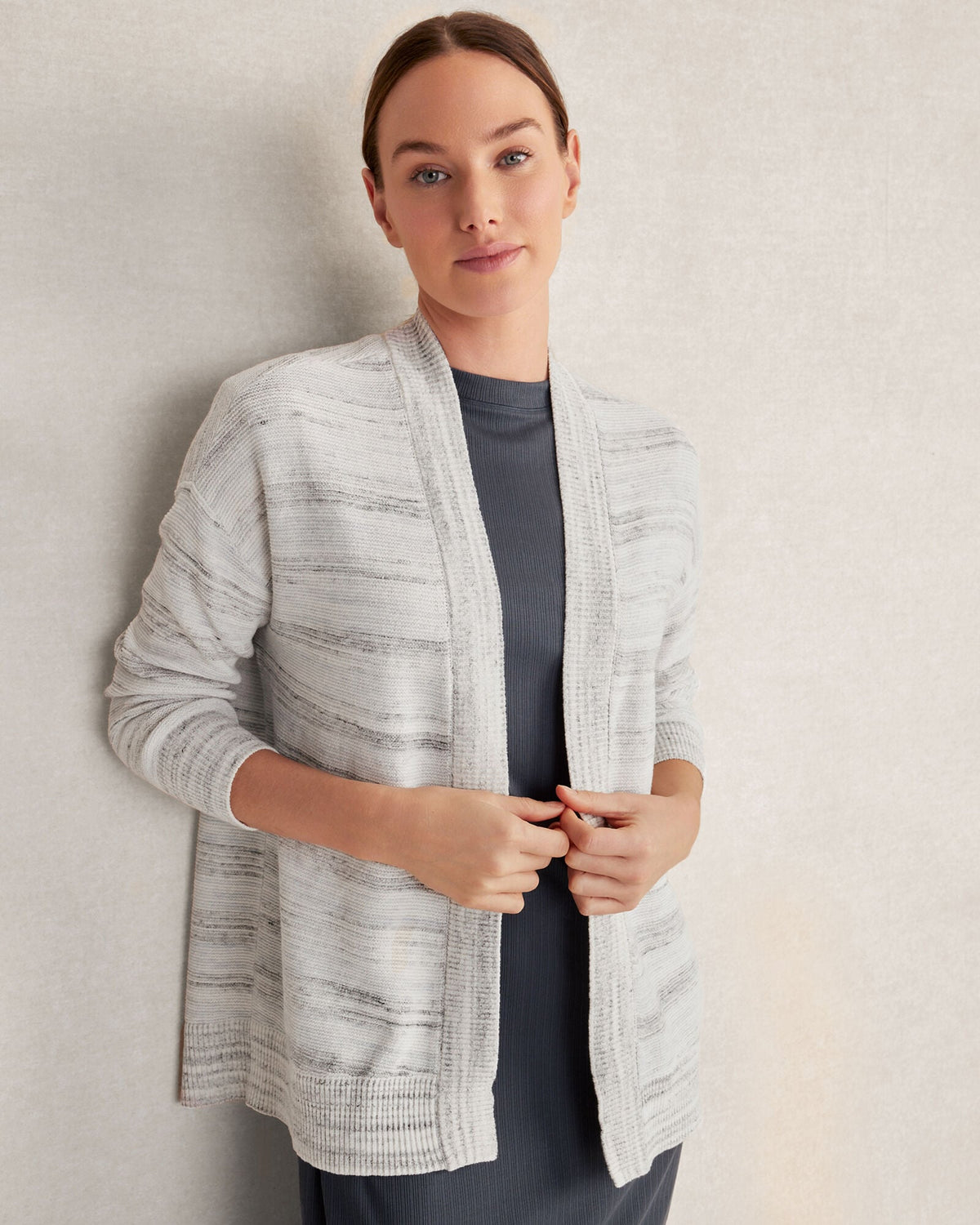 WHITE/IRIS ORGANIC COTTON SPACEDYE CARDIGAN | Talbots discount