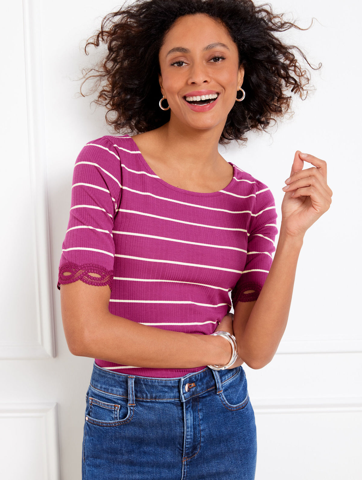 PLUM ROSE/IVORY LACE TRIM BALLET NECK TEE - STRIPE | Talbots sale