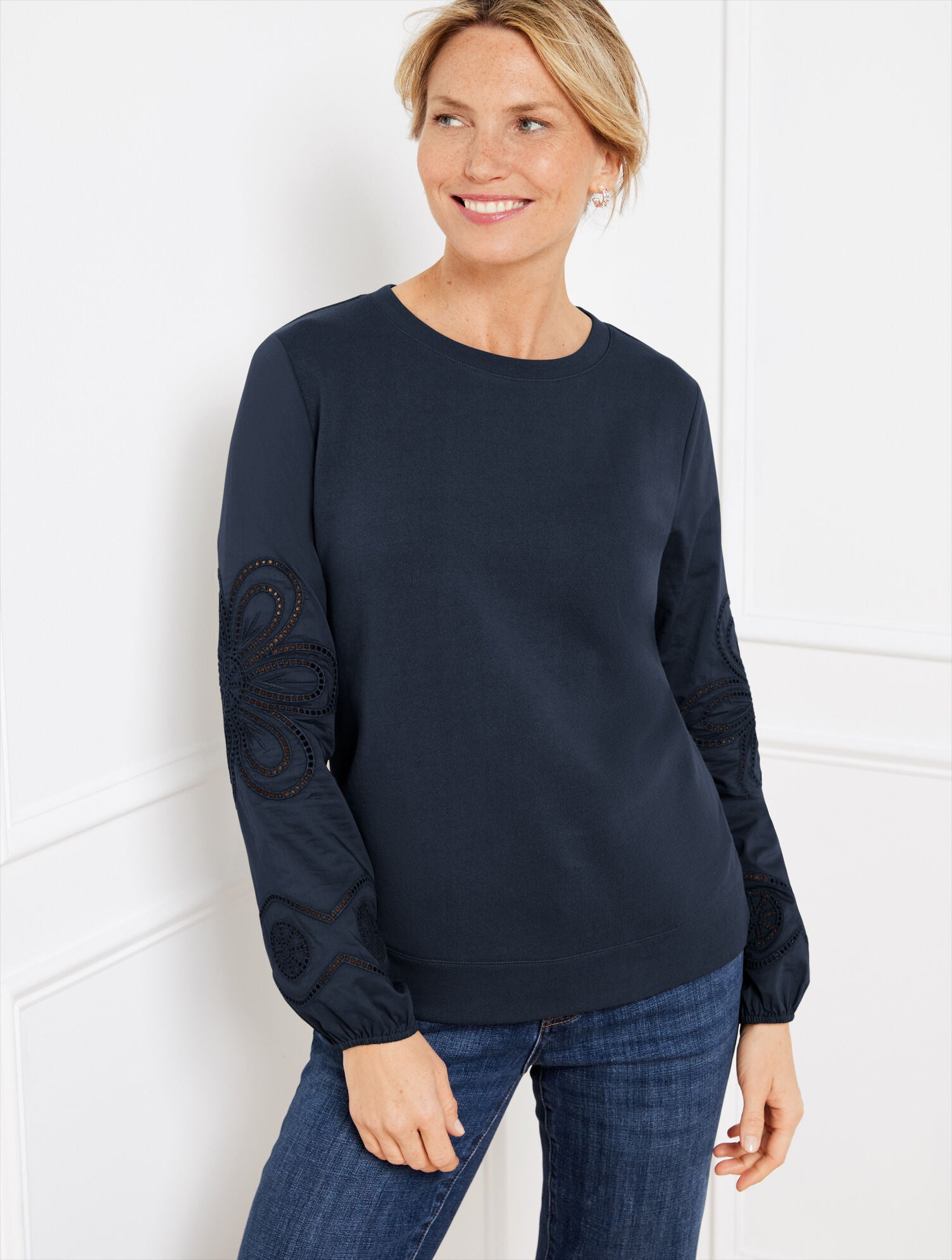 PURPLE THISTLE|INDIGO BLUE EMBROIDERED CREWNECK SWEATSHIRT | Talbots for sale