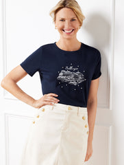 INDIGO BLUE PEARL EMBELLISHED CREWNECK TEE | Talbots on sale