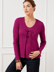 BLACK|PLUMROSE RIBBED TIE FRONT CARDIGAN | Talbots outlet
